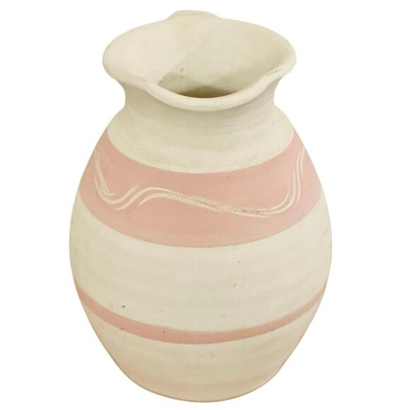 Vintage Handmade Pottery Pitcher Signed  Ceramic Jug Pink White - Picture 1 of 5
